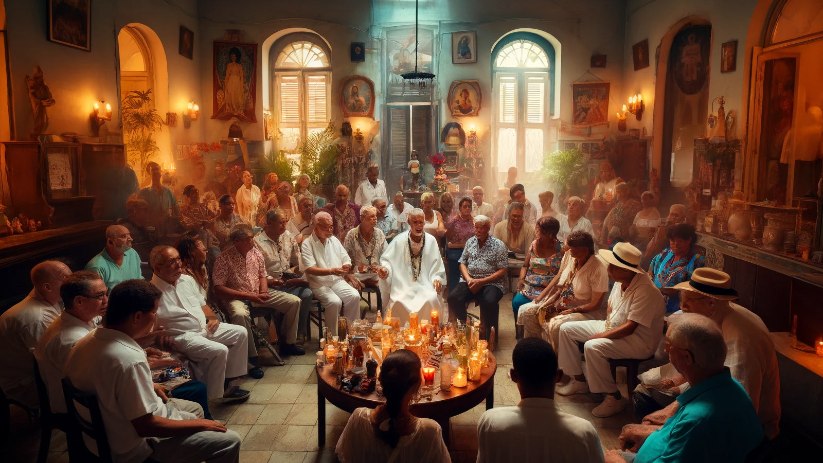 Grupo de santeros haciendo una misa espiritual rodeando una mesa con velas