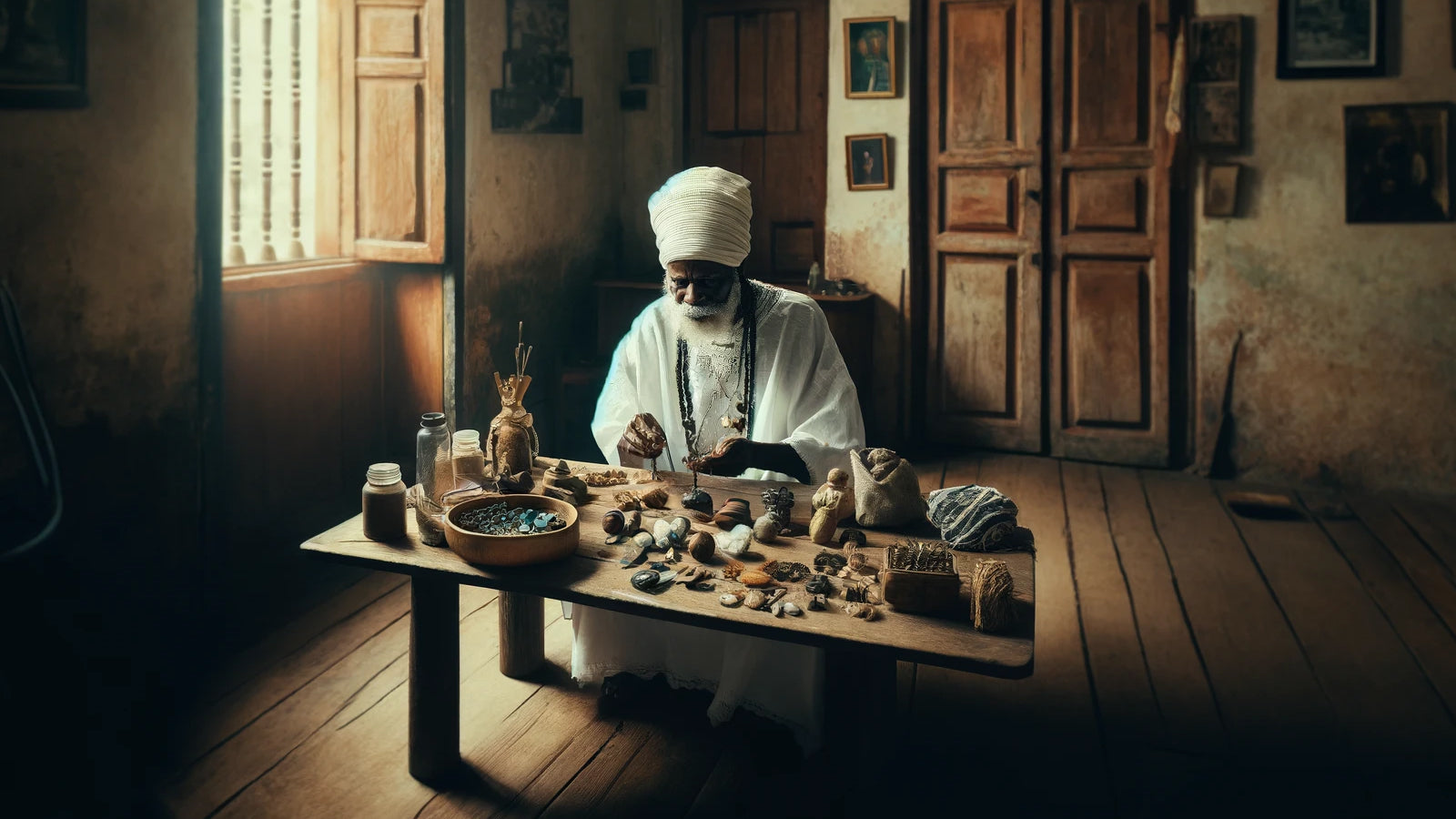 Hombre vestido de blanco con herramientas haciendo un amuleto